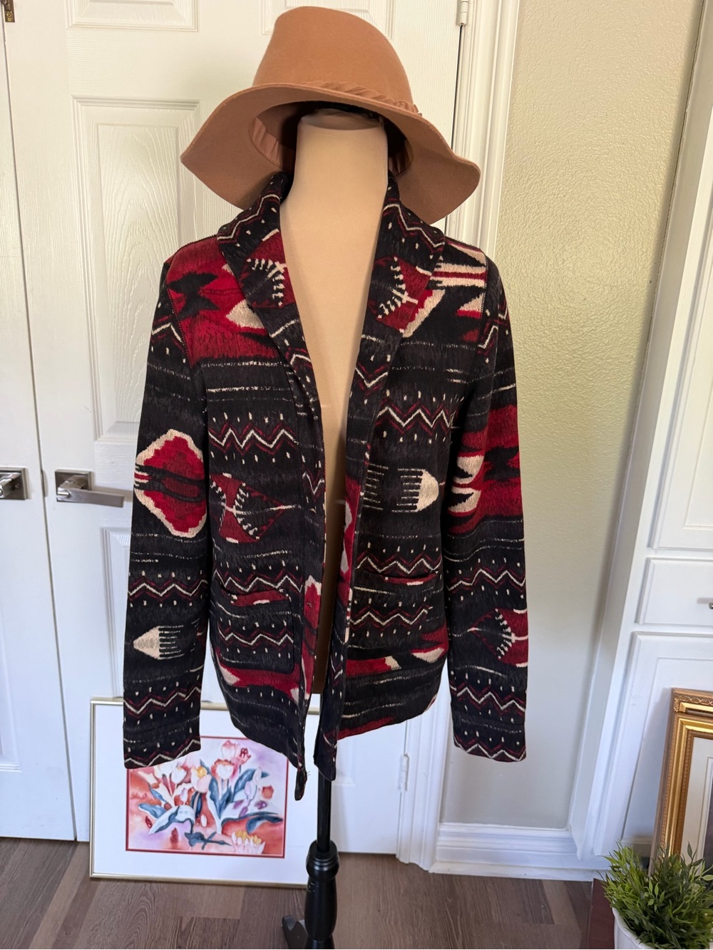 Lauren Ralph Lauren Black, Burgundy & Cream Southwestern Cardigan